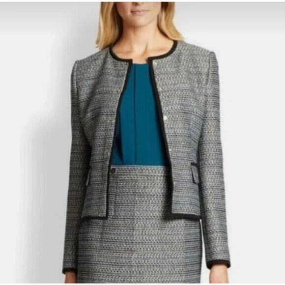 Hugo Boss Size 10 Jotila Boucle Tweed Metallic Snap Collarless Lined Wool Blazer - Picture 2 of 9